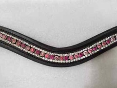 Designer Gorgeous 3 Row Pink Crystal Horse Leather Browband For Bridle.