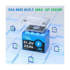 51.2V25Ah Lithium LiFePO4 Battery, Built-in 50A BMS, Max. Up to 2560W Power, …
