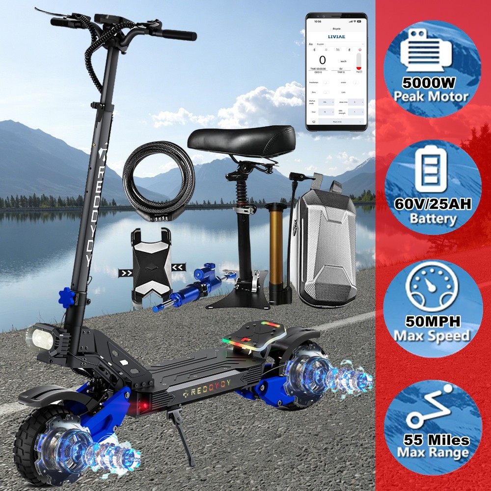 5000W Dual Motor Electric Scooter 50MPH Off-road Tire+ Seat/Steering Dampter/Bag