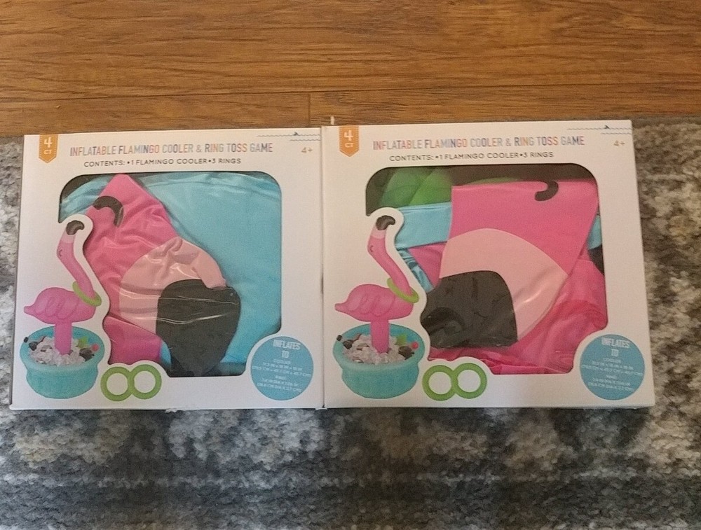 Lot of 2 Inflatable Pink Flamingo Cooler & Ring Toss Game 31.3” X 18” X 18” New