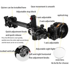 Compound Bow Sight 5Pin 0.019″ Archery 4X 6X 8X Lens Carbon Rod Adjustable RH LH