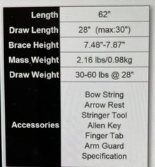 Deerseeker 62 inch recurve bow 30-60 pound drawl weight