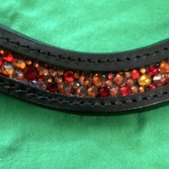Black Leather Curved Bridle Browband w/ Red/Orange Rhinestones