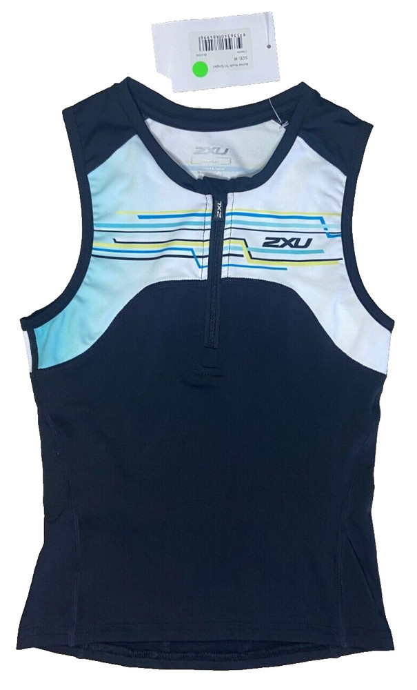 New 2XU Core Youth Tri Singlet BLK/Oasis Medium Unisex Kids Front Zip 3 Pockets