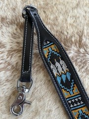 Tooled Top Grain Black Leather Beaded Western Wither Strap Navajo Design