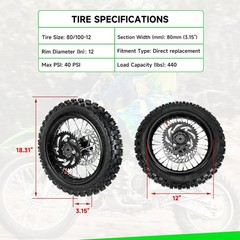 12» Rear Wheel 80/100-12 3.00-12 Tire Inner Tube Assembly For 110cc 125cc SSR