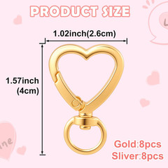 Heart Shape Keychain Clip, Heart Carabiner Spring Snap Gold, Silver, 16Pcs