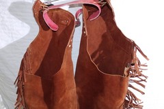 Riding Chaps Red Leather w/Fringe Size Med Thigh 23” (More Size in descrp)