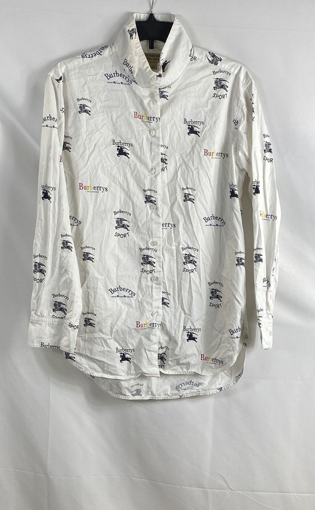 Burberry Women’s White Multi-Color Sport Logo Print Button Down Shirt Sz 8