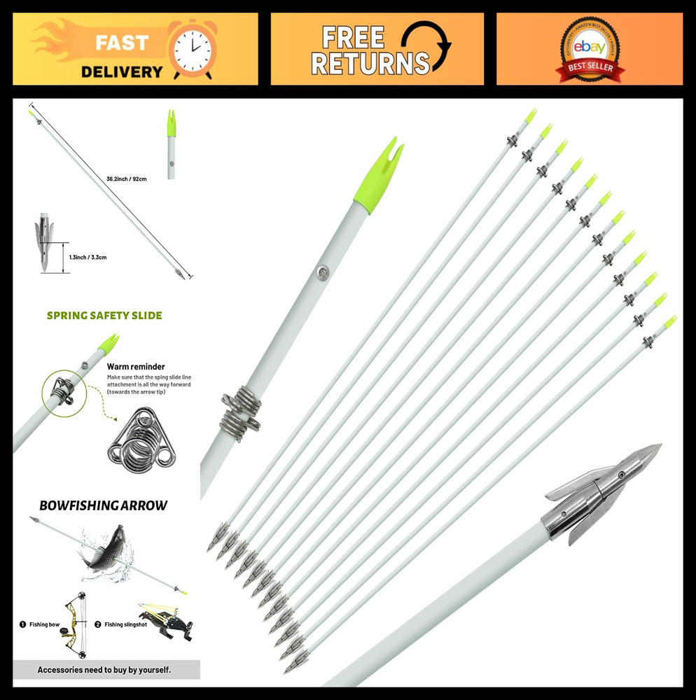 36″ Bowfishing Arrows 6/12 PCS – Fiberglass Fishing Arrows with Broadhead for Ar
