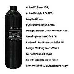 TUXING 4500PSI PCP Air Tank 1.1L Carbon Fiber HPA Tank with Dual Gauge Regulator