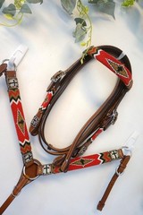 Medium Leather w/Red Navajo beaded Cross Design PONY Headstall Breastplate Reins