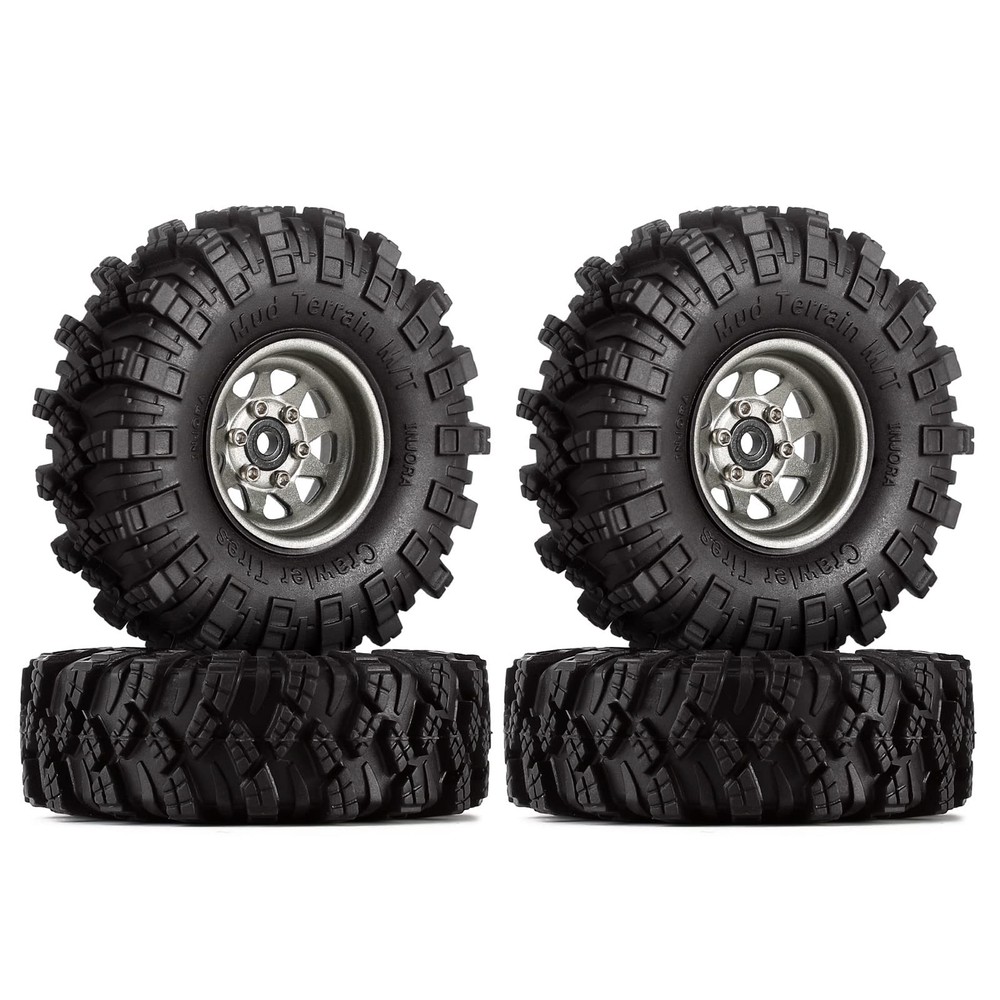 INJORA 1.0 Beadlock Wheel Mud Tires Set Deep Dish 1.0″ Wheels Small, Grey