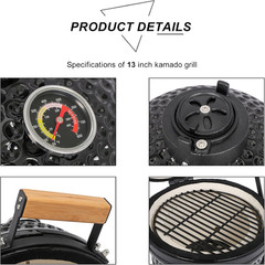 Outvita Ceramic Grill, 13″ round Kamado Charcoal Grill, Portable Barbecue Grill