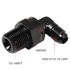 6AN Male Flare to 1/2 NPT Pipe Swivel 90 Degree 6AN to 1/2 NPT, 90 Degree