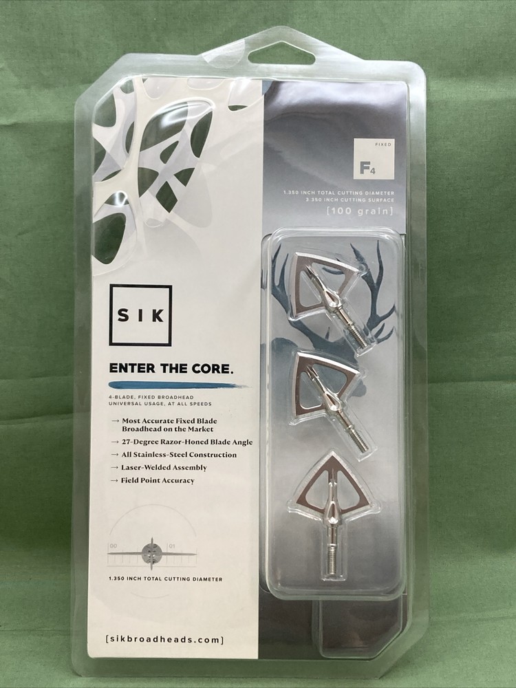 3 PK NEW SIK ABH101F4 100 GR 4 BLADE FIXED BROADHEAD STAINLESS 1.350 CUTTING