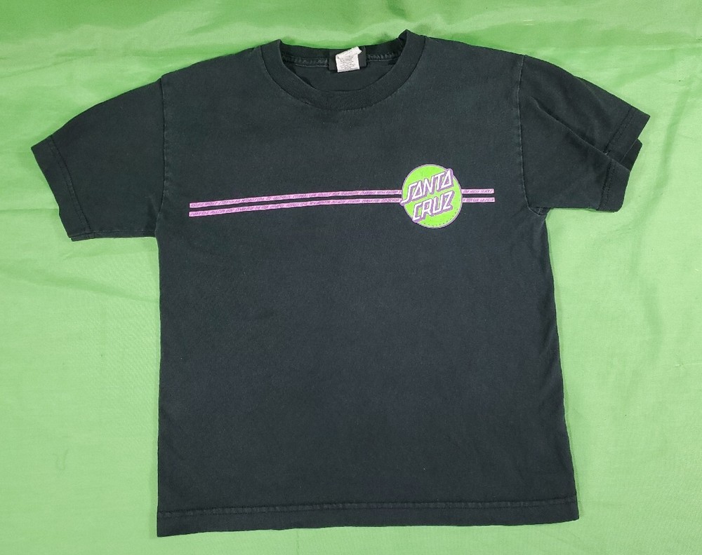 90s Era Santa Cruz Black Youth Sized Skateboard Shirt Lime + Purple 21″x16″ Cali