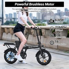 630W 2-Seat 16″ Tire Foldable Ebike 25MPH Commuter Electric Bicycle for Adult US