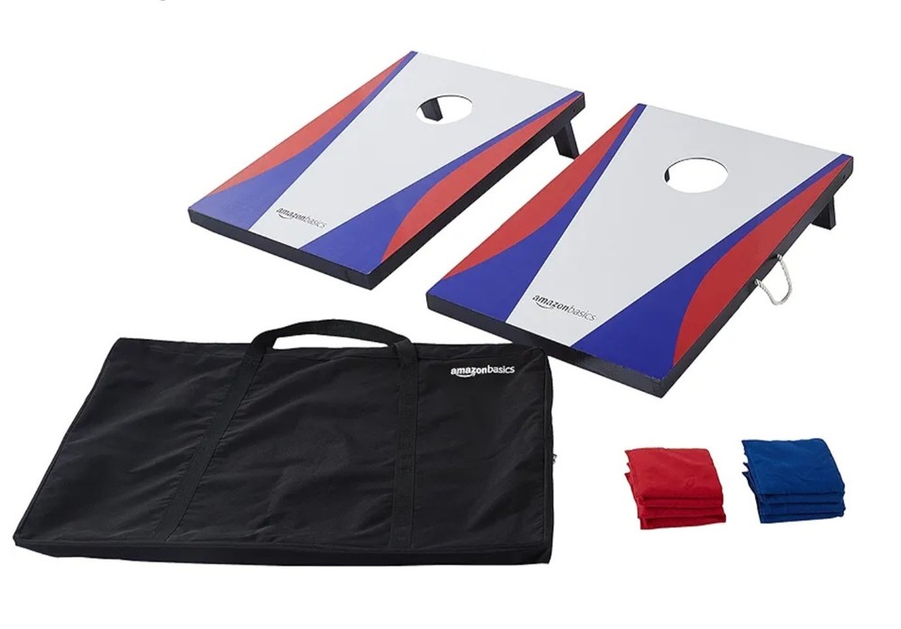 Amazon Basics Cornhole Set,, Cornhole Game, Bag Toss Game, 8 Red/Blue Bags