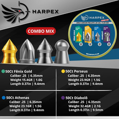 .25 Cal Airgun Pellets Combo Mix — 4 Styles in One Tin, Fenix Gold, Athenas, Per