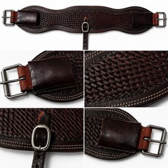 34″ Western Leather Flank Cinch 5″ Wide Basket Weave Tooled Brown w/ Billets