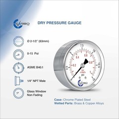 2-1/2″ Pressure Gauge, Chrome Plated Steel Case, Dry/kPa, Back Mount 0-15 psi