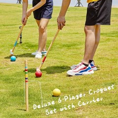 Croquet Set with Deluxe Premium Pine Wooden Mallets 32In Six Player Colored B…