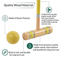 Croquet Set with Deluxe Premium Pine Wooden Mallets 32In Six Player Colored B…