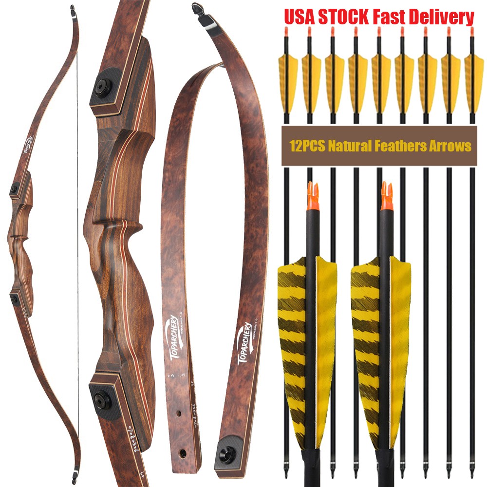 Hunting 60″ Wood&Bamboo Takedown Recurve Bow RH 25-60LBS Archery Bow Arrow Shoot
