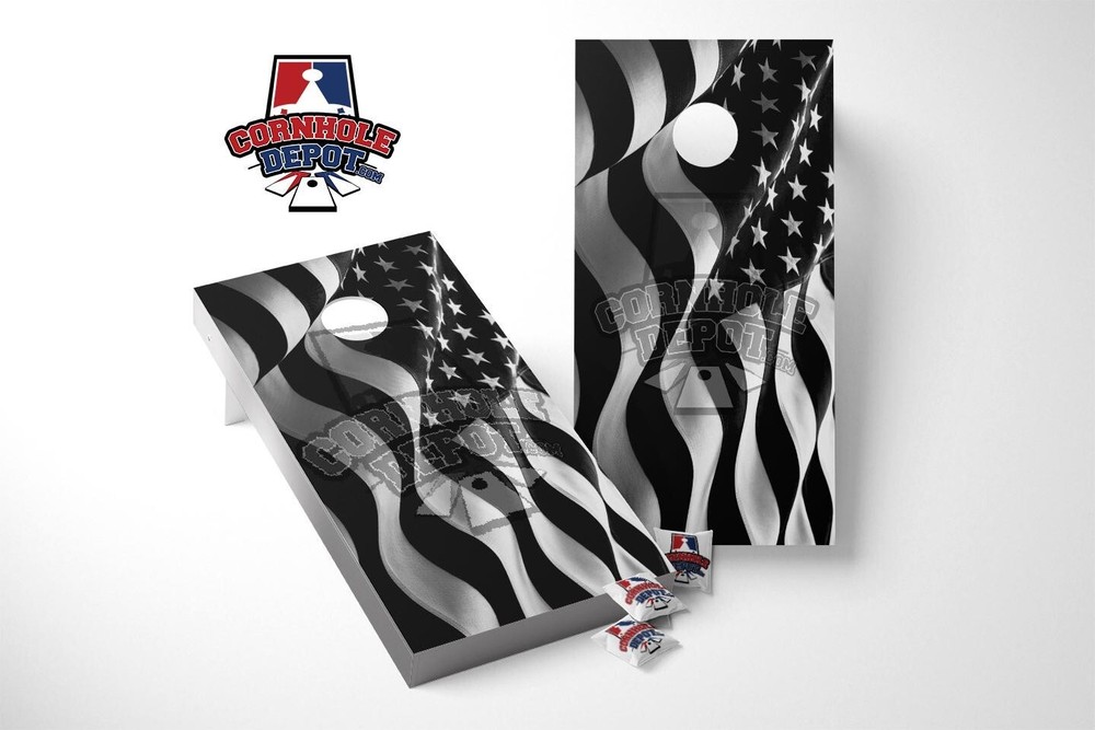 American Flag Wavy Black and White Cornhole Board Vinyl Wrap Skins Laminated Set