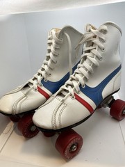 Vintage Derby Fireball Quad Roller Skates Size 5 Made Philippines White Red Blue