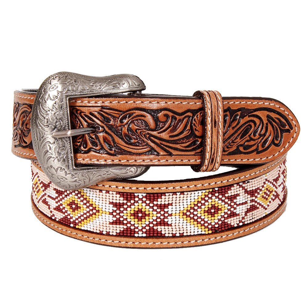 BE Bar H Equine Hand Carved Western Leather Belt Men Women Beaded