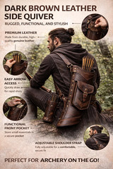 Dark brown leather side quiver – Minimalist embossed hunting quiver bag archery