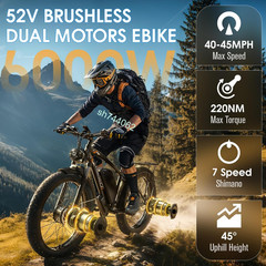 5000W Peak Electric Bicycle Dual Motor 52V 34AH 45mph 100Miles Fat Tire Commuter