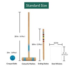 Croquet Set with Deluxe Premium Pine Wooden Mallets 32In Six Player Colored B…