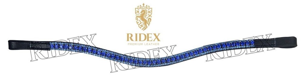 Ridex Designer 3 Row Blue Crystal Horse Leather Browband For Bridle .