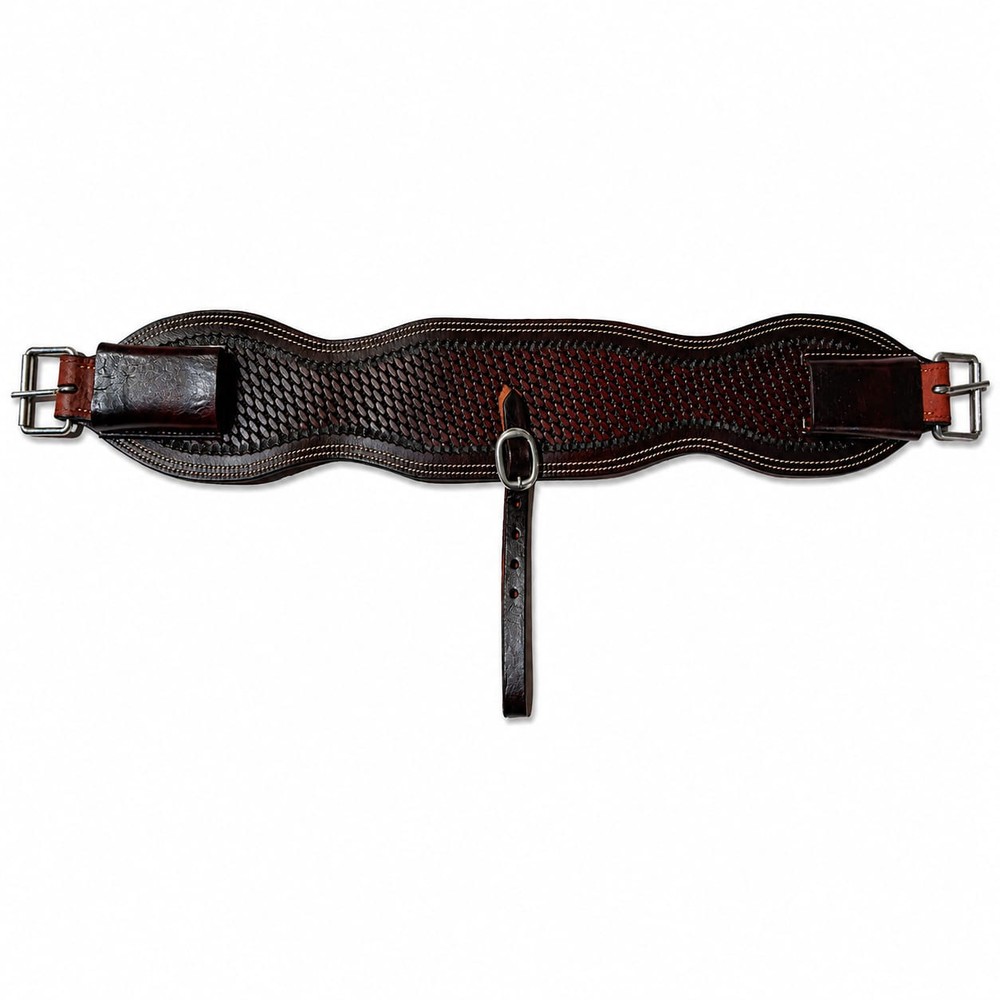 34″ Western Leather Flank Cinch 5″ Wide Basket Weave Tooled Brown w/ Billets