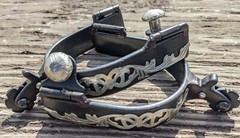 Western Spurs – Black Steel – Silver Floral Overlay – Short Shank – Blunt Rowel
