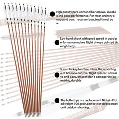 12X Archery Pure Carbon Arrows Natural Feather 31″ Shaft SP340-600 Bow Hunting