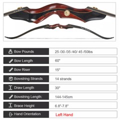 60″ Takedown Recurve Bow 25-50lbs Left Hand 15″ Wooden Riser Outdoor Hunting Bow