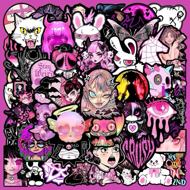30Pcs Random Aesthetic Dark Pink Gothic Horror Pastel Spooky Waterproof Stickers