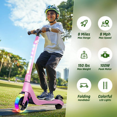 Kids Electric Scooter Pink 100W Adjustable Kick 8MPH 8 Mile Range Rainbow LED