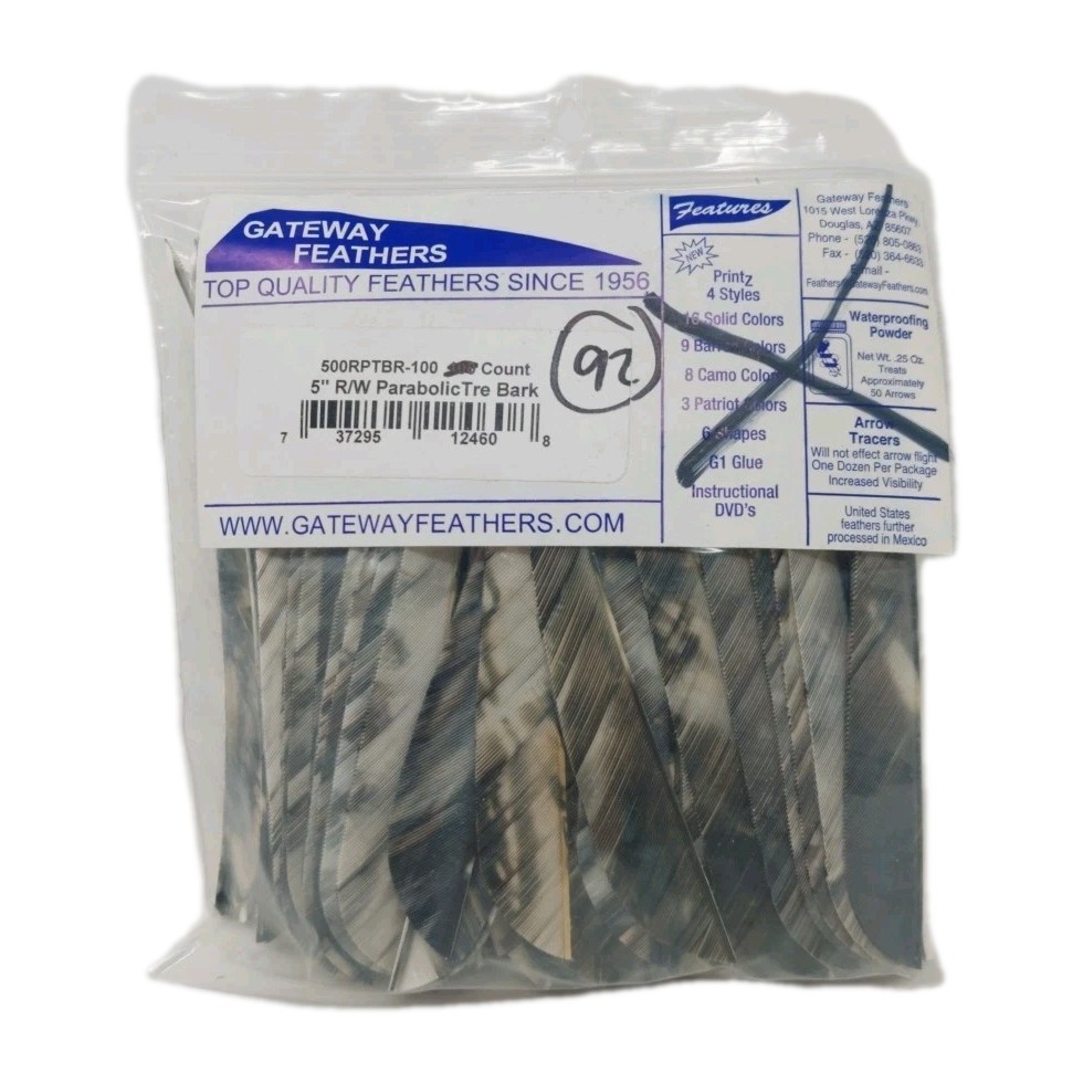 92 Count Gateway Feathers 5″ Right Wing: Parabolic Camo Tre Bark Black & White