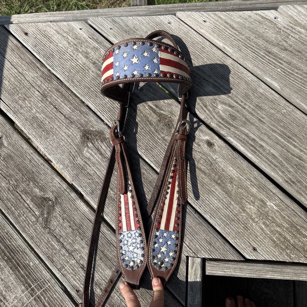 American Flag Leather Bridle Large Horse Size Western Tack