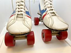 Vintage Derby Fireball Quad Roller Skates Size 5 Made Philippines White Red Blue