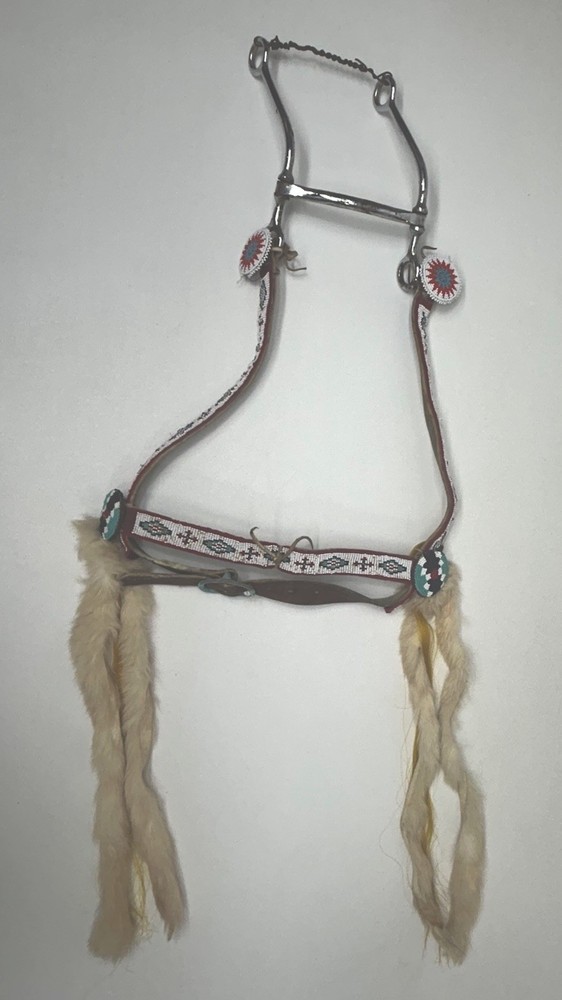 Vintage Western Navajo Beaded Horse Headstall Bridle Metal Bit With Fur