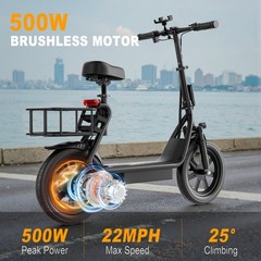 Electric Scooter with Seat for Adults 500W Motor E Scooter W/ Rear Box 14″ Tire