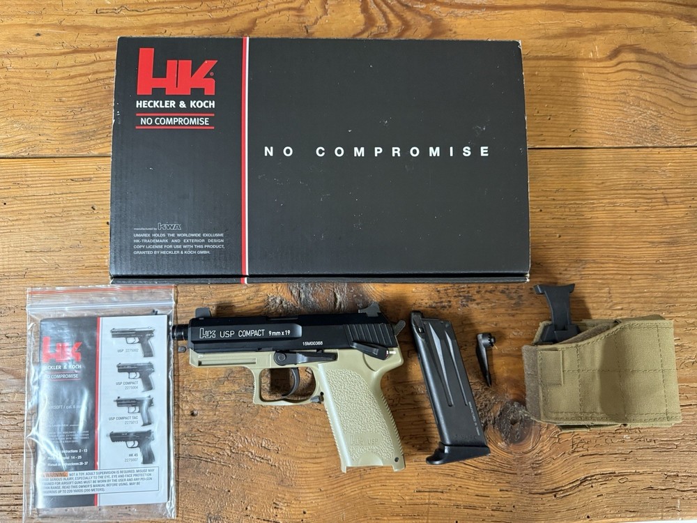 KWA Airsoft 6mm Heckler & Koch USP Compact With Tan Frame, Includes Holster