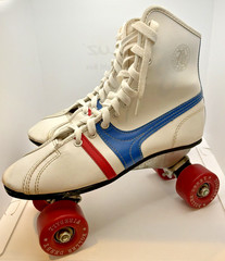 Vintage Derby Fireball Quad Roller Skates Size 5 Made Philippines White Red Blue
