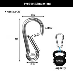 20Pcs 4″ Safety Spring Snap Hook M10 3/8″ Carabiner Quick Link Snap Hooks for